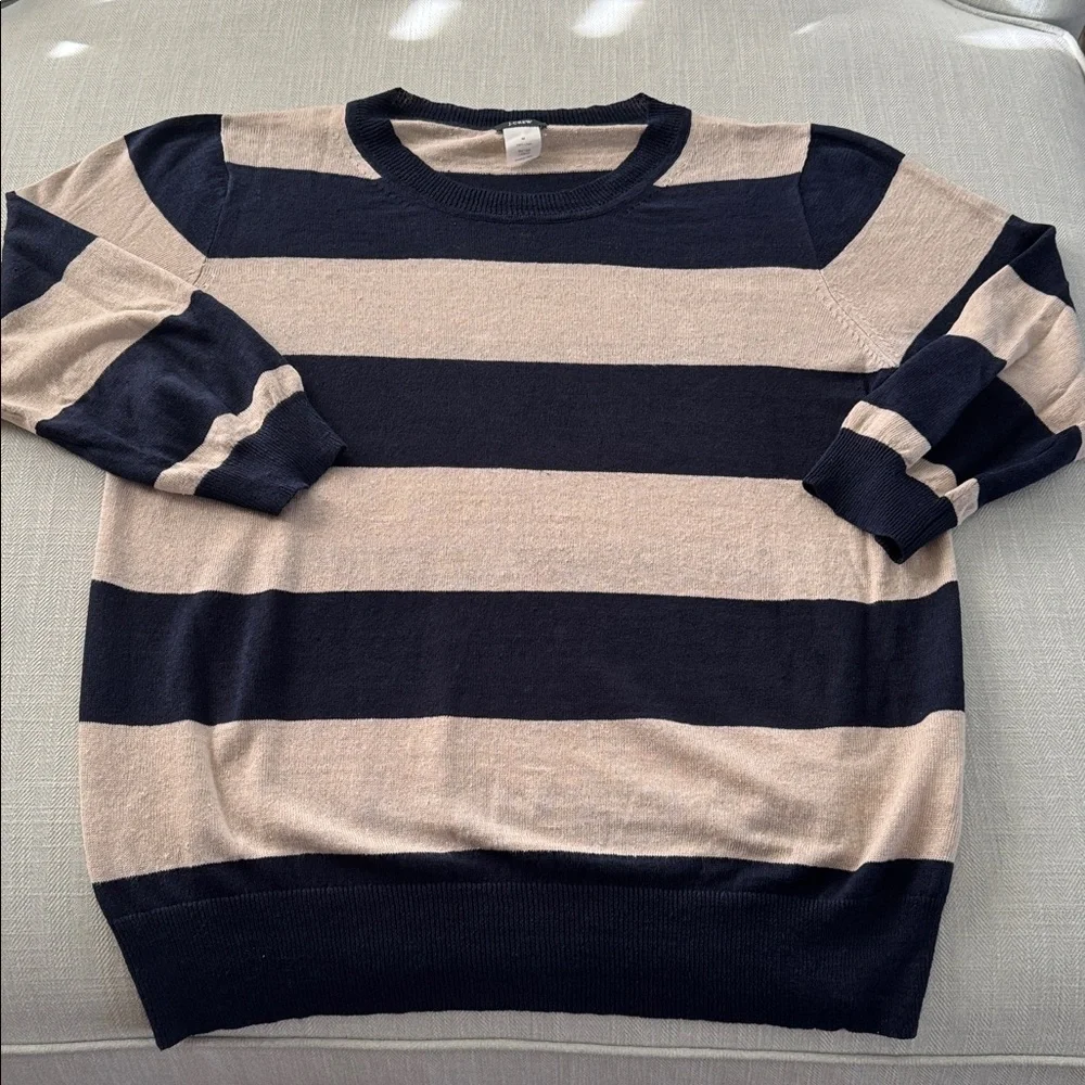 J. Crew Women's Linen Navy and Cream Striped Crewneck Sweater Size: M